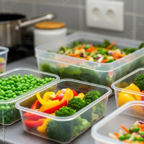 Meal prep, plastic containers, colorful vegetables, organized kitchen counter, healthy eating, variety of dishes, green peas, broccoli, yellow peppers, mixed salads, balanced diet, food storage, home  photo