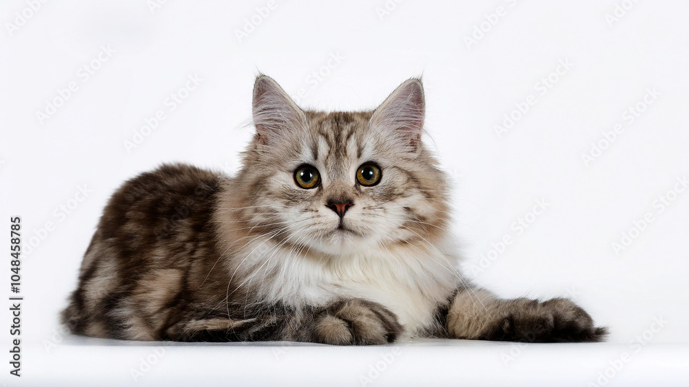 Fototapeta premium American Longhair cat lying on white background.