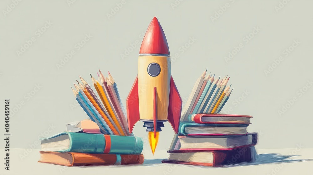 Fototapeta premium Back To School - Books And Pencils With Rocket Sketch