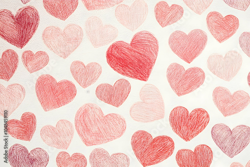 A delicate pattern of small, hand-drawn hearts in shades of red and pink scattered across the canvas on a white background, creating an elegant Valentine's Day backdrop with a touch of whimsy