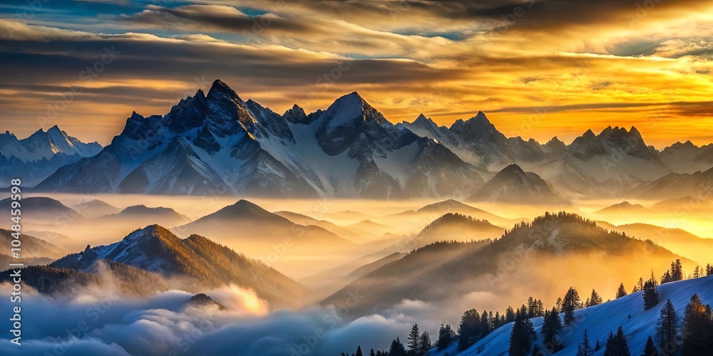 A Golden Dawn Paints the Mountain Peaks with a Serene Mist, Creating a Breathtaking Tapestry of Nature's Beauty A Golden Dawn Paints the Mountain Peaks with a Serene Mist, Creating a Breathtaking Tapestry of Nature's Beauty