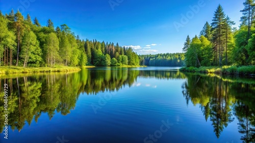 Tranquil forest lake surrounded by greenery and a clear blue sky