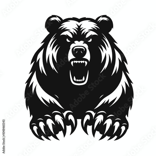 simple Angry bear with paws in front head in front predator position, isolated white background
