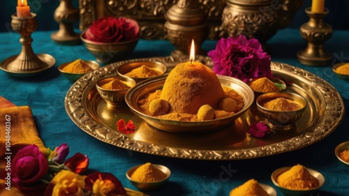 Traditional Indian Puja Thali with Diya and Flowers photo