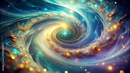 A Cosmic Whirlpool of Gold, Teal, and Blue, a Symphony of Light and Motion in a Swirling Galaxy