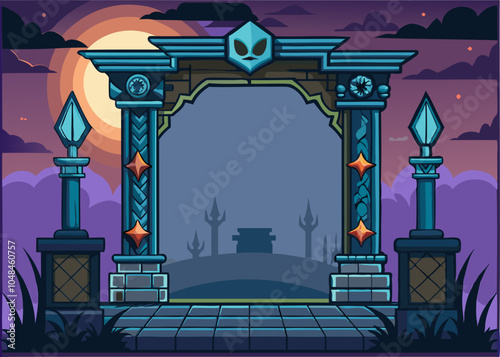 Magic arch. Ancient stone gate. Fantasy teleport door. Portal frame. Wizard doorway. Mysterious castle gateway entrance