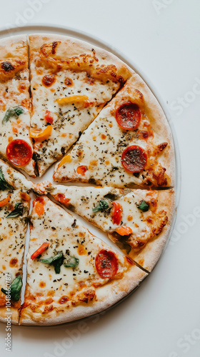 Delicious Pepperoni and Vegetable Pizza on White Plate – Perfect for Food Photography, Menus, and Italian Cuisine Themes photo