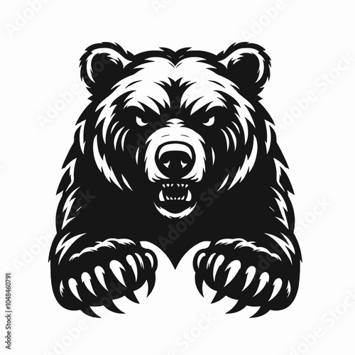 simple Angry bear with paws in front head in front predator position, isolated white background
