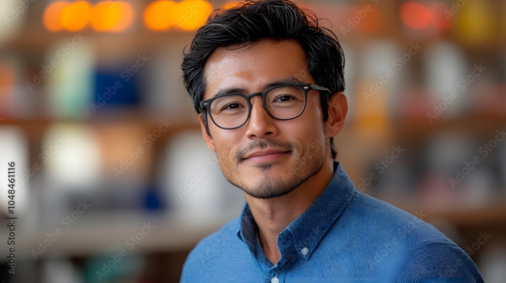 Professional Man Smiling in Casual Blue Shirt