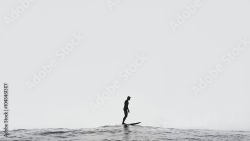 minimalist silhouette of alone man surfer balancing on a wave in calm ocean, minimalist sport background in black and white