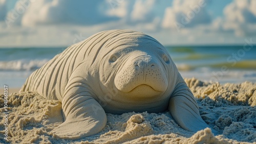 Realistic sand sculpture of marine mammal on beach photo