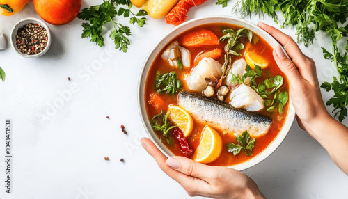 Woman holding bowl of fresh fish soup with herbs and lemon photo