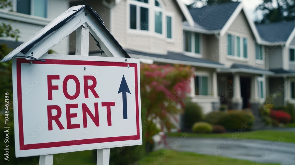 Residential property displays a FOR RENT sign, with space for customizable text. Residential property displays a FOR RENT sign, with space for customizable text.