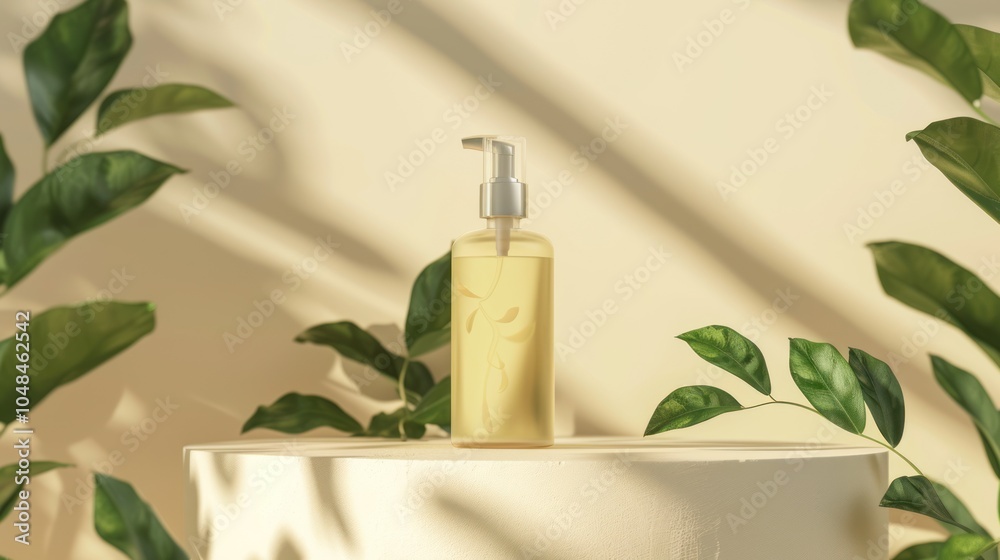 A Bottle of Skincare Product on a Minimalist Display with Green Foliage