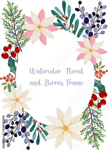 Watercolor Floral and Berries Arrangement Frame Illustration 