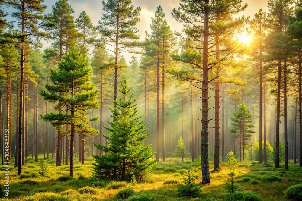 Obraz premium Tranquil forest scene with delicate pine trees in soft light