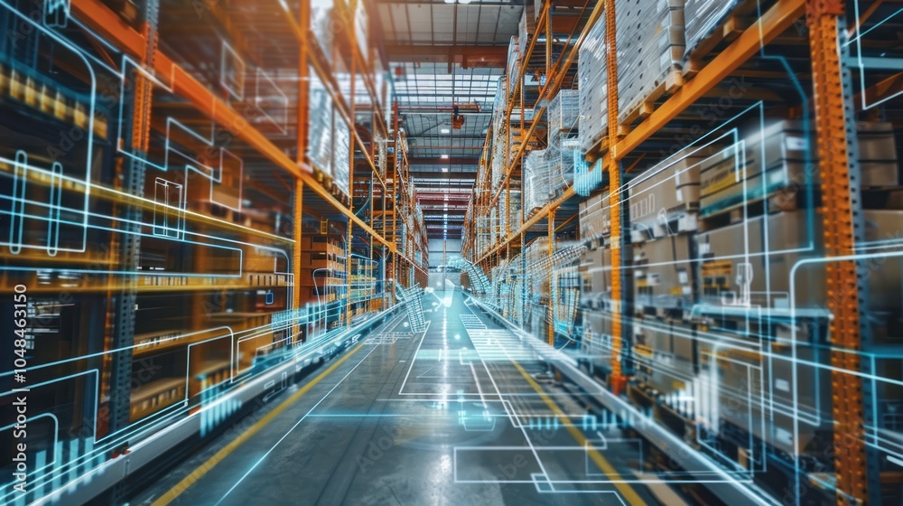 Futuristic Warehouse Interior with Digital Overlay