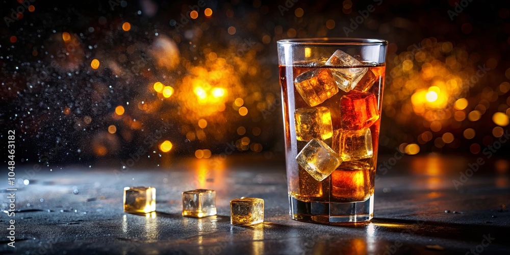 A glass of amber liquid with ice cubes on a dark surface illuminated by warm, blurred lights. A glass of amber liquid with ice cubes on a dark surface illuminated by warm, blurred lights.
