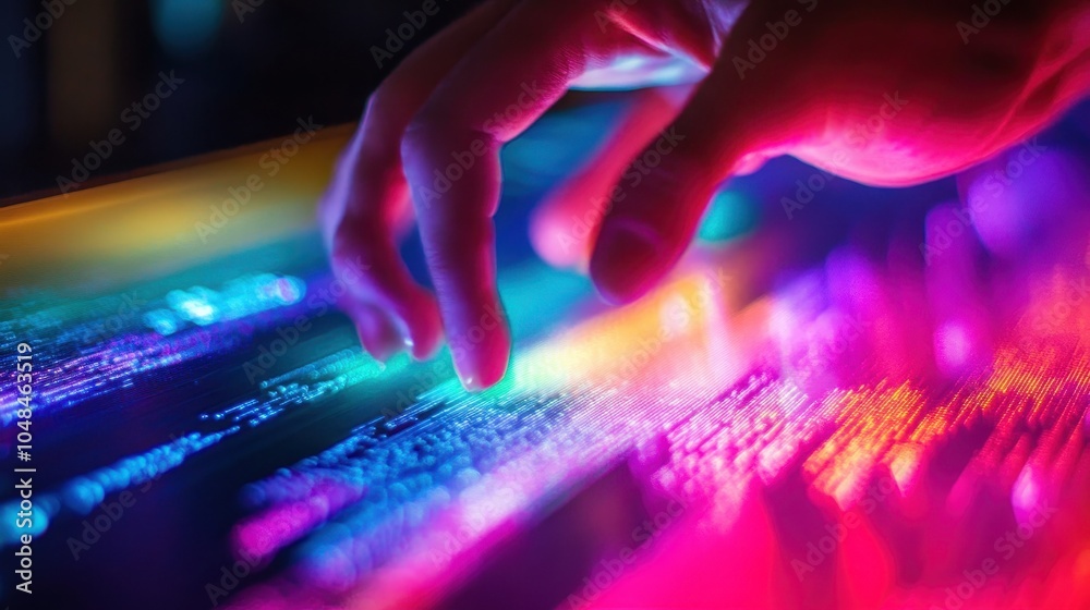 A touch on a high-tech computer screen causes light and data to spread, symbolizing futuristic communication technology and seamless digital interaction.