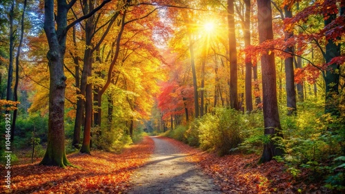 Tranquil forest trail with dappled sunlight and colorful leaves