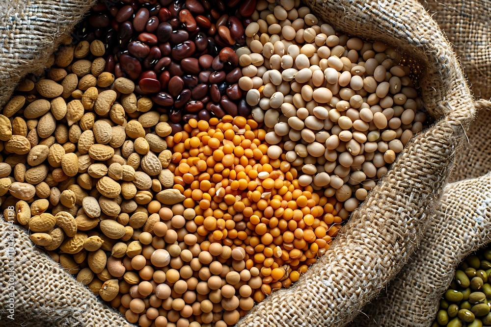 Fototapeta premium Assortment of different legumes in sacks on wooden background