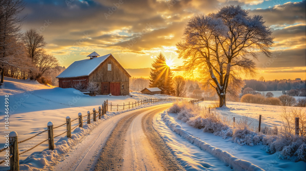 Obraz premium Winter Country Road Leading to Snowy Barn at Sunrise