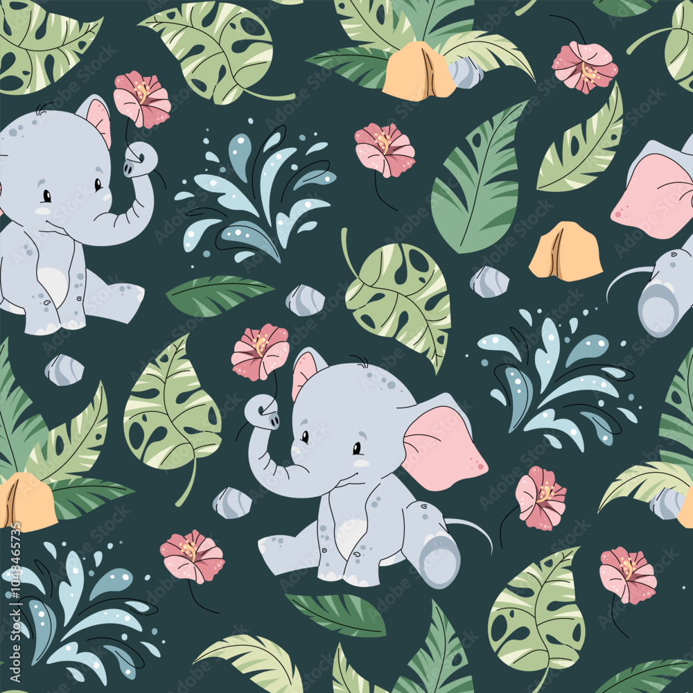 Fototapeta premium Seamless pattern with cute elephants in flat style. Repeating background with African animals and tropical plants. Childish illustration for fabric, wallpaper, wrapping paper, scrapbooking etc.