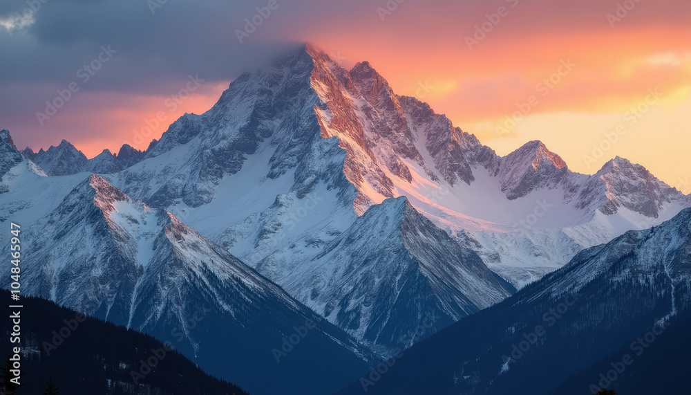 Fototapeta premium A snow-capped mountain illuminated by the sunset sky.