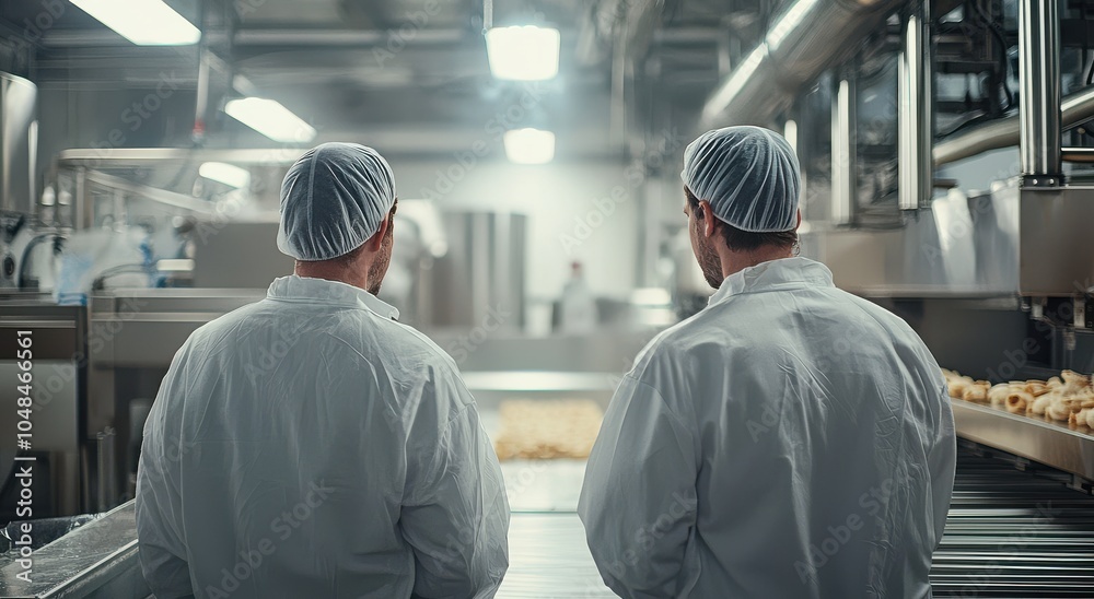 Two male workers wearing white coats and hair nets discuss quality control in a busy food processing facility Two male workers wearing white coats and hair nets discuss quality control in a busy food processing facility
