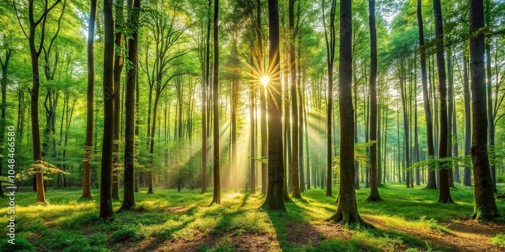 Obraz premium Tranquil forest with sunlight filtering through the trees