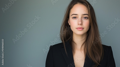 A professional portrait of a young woman in a black blazer against a neutral background. Her poised and confident expression reflects elegance, intelligence, and modern business style.