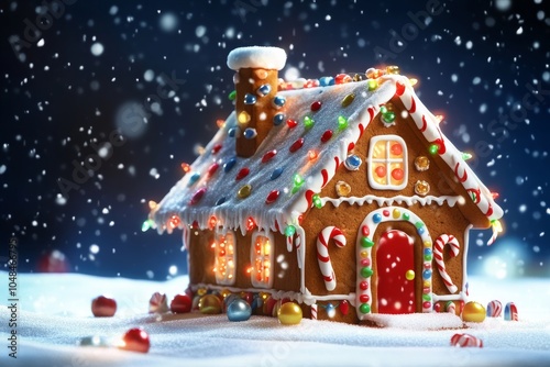 Wallpaper Mural Colorful cartoon gingerbread house with icing, candy, and christmas lights in soft snowfall Torontodigital.ca
