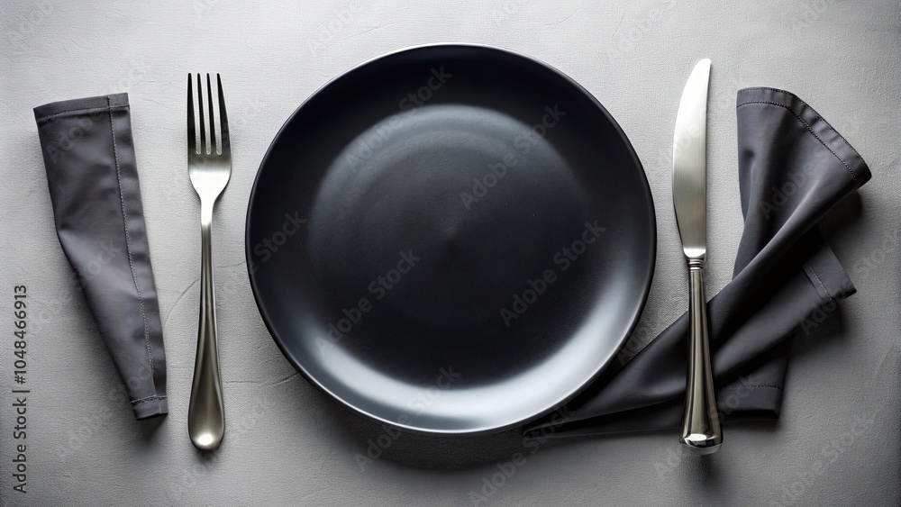 A minimalist table setting with a black plate, silver fork, and knife, accompanied by two grey napkins on a neutral grey background. A minimalist table setting with a black plate, silver fork, and knife, accompanied by two grey napkins on a neutral grey background.