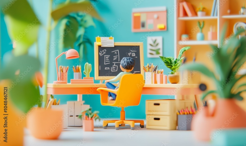 Fototapeta premium Cartoon person sitting at desk working.