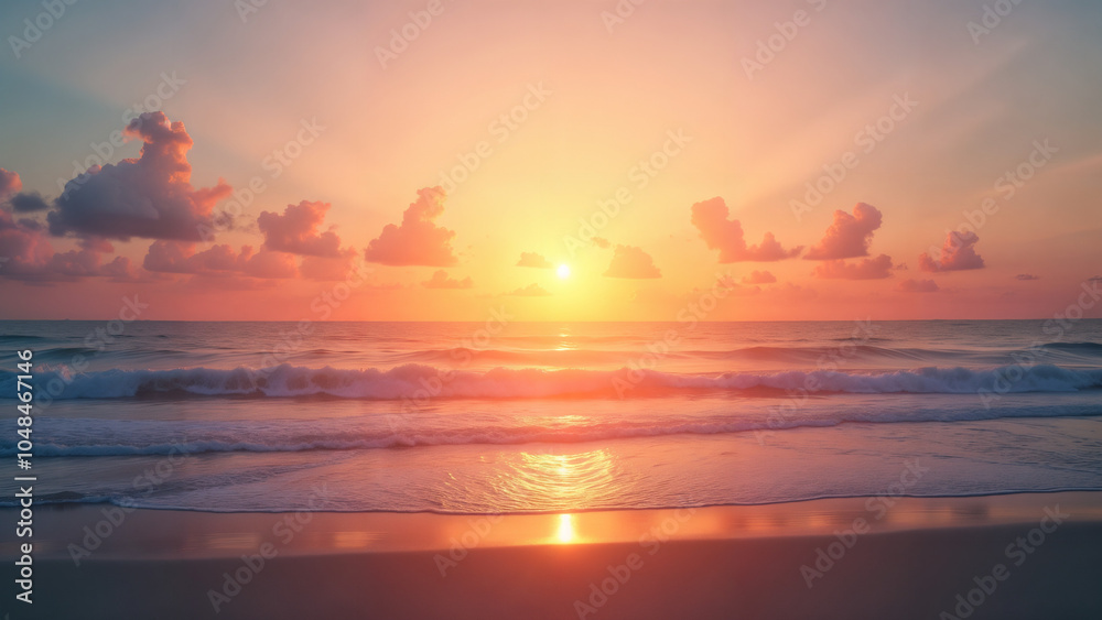 Fototapeta premium Stunning Sunset Over the Ocean with Gentle Waves and Serene Atmosphere in a Tranquil Setting