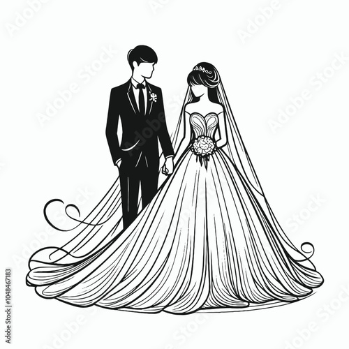 simple Wedding Couple vector silhouette, isolated white background
