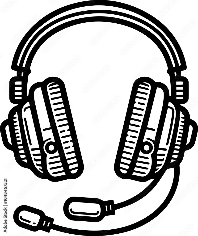 Fototapeta premium Black Line Art Headsets Electronic Device With Cable Art Hand Drawn Illustration