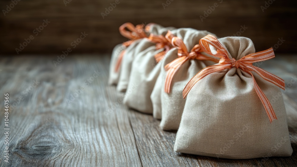 Small fabric bags with orange ribbons, placed in wooden interior Small fabric bags with orange ribbons, placed in wooden interior