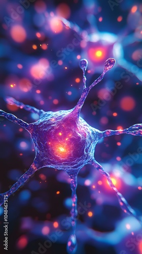 Colorful Neuron with Glowing Synapses in Macro View photo