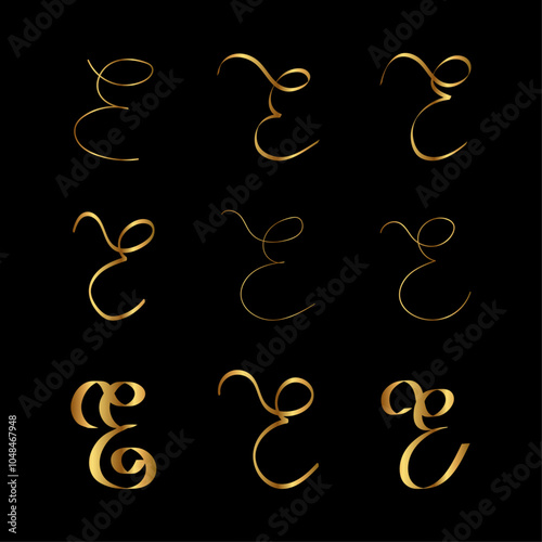 Gold E Letter Initial Cursive Hand Written Calligraphic Alphabet Set for Logo Brand