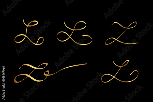 Gold L Letter Initial Cursive Victorian Hand Written Calligraphic Alphabet Set for Logo Brand