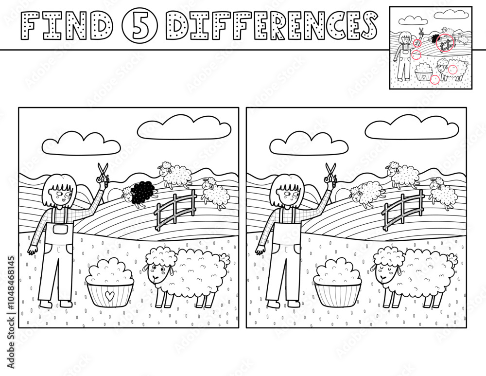 Find 5 differences black and white activity page for kids with a cute girl farmer and a sheep. Puzzle game in outline with a farm character. Vector illustration Find 5 differences black and white activity page for kids with a cute girl farmer and a sheep. Puzzle game in outline with a farm character. Vector illustration