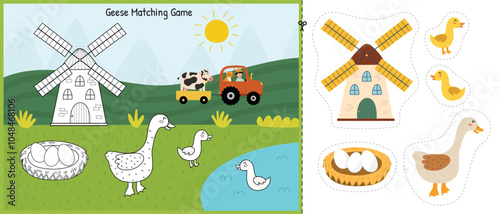 Cut and glue game with a cute mother goose and her baby goslings. Educational activity page for kids. Matching game for school and preschool. Vector illustration