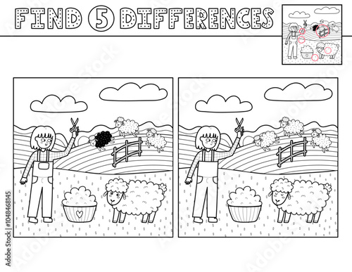 Find 5 differences black and white activity page for kids with a cute girl farmer and a sheep. Puzzle game in outline with a farm character. Vector illustration