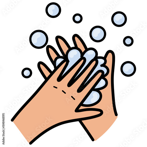 Washing hands Illustration icon in doodle style. Hygiene chore routine symbol with bubbles and water. Vector illustration