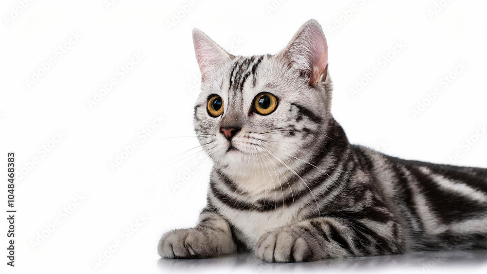 Obraz premium American Shorthair cat lying on white background.