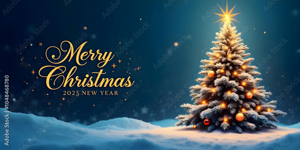 Christmas Banner With Snowy Tree and “Merry Christmas 2025” on Dark Blue Background Christmas Banner With Snowy Tree and “Merry Christmas 2025” on Dark Blue Background