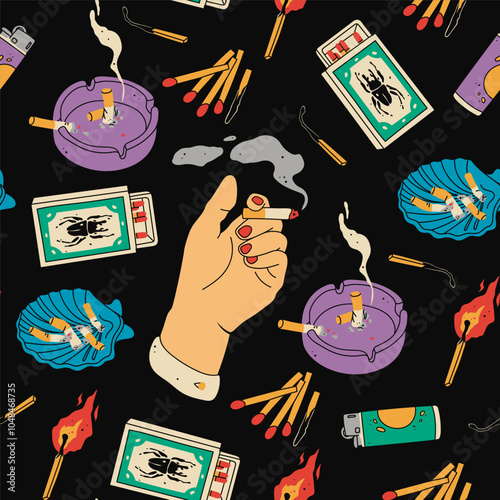 Various smoking accessories. Hand with cigarette, matches box, ashtray, lighter. Hand drawn Vector illustration. Smoking tools, bad habit, addiction concept. Square seamless Pattern