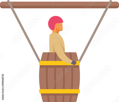 Stuntman is preparing for a dangerous stunt, standing in a barrel hanging from ropes