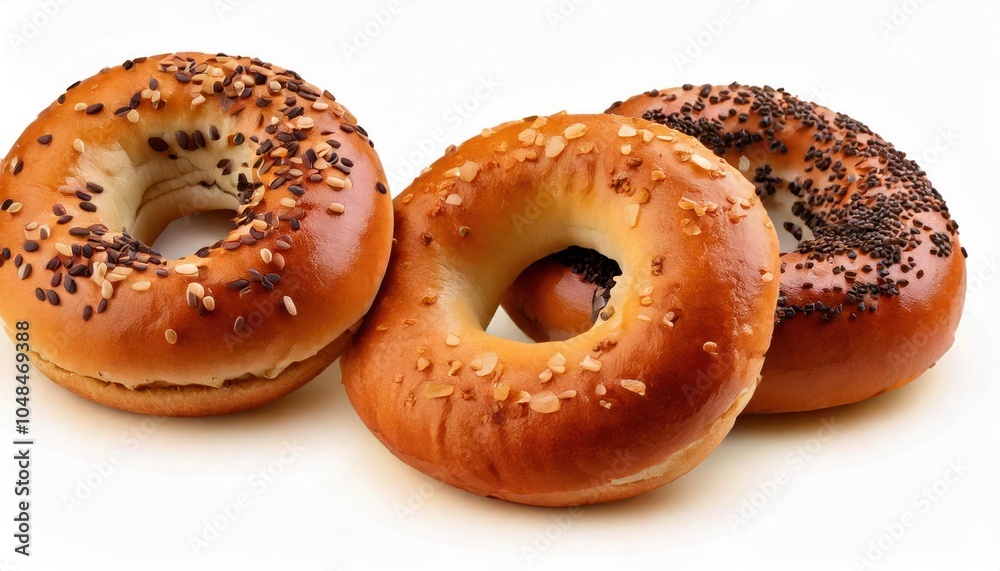 Bagels sprinkled with fried onions, sesame seeds and poppy seeds on a white background Bagels sprinkled with fried onions, sesame seeds and poppy seeds on a white background